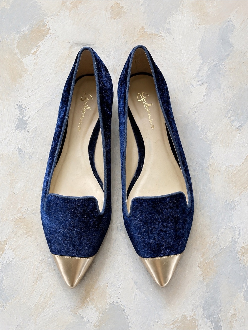 Anthropologie Navy Blue Velvet Pointed Flats with Gold Toe sz. 7